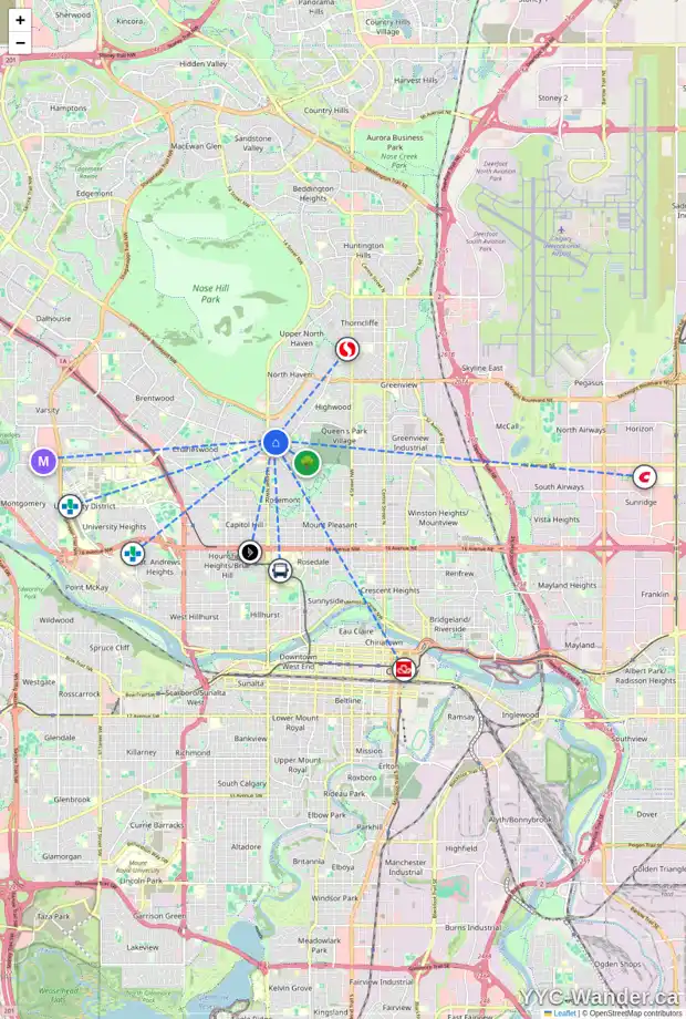 Daily accessibility map for 49 CADOGAN RD NW, Calgary showing nearby schools, grocery stores, parks, LRT stations and nearby amenities