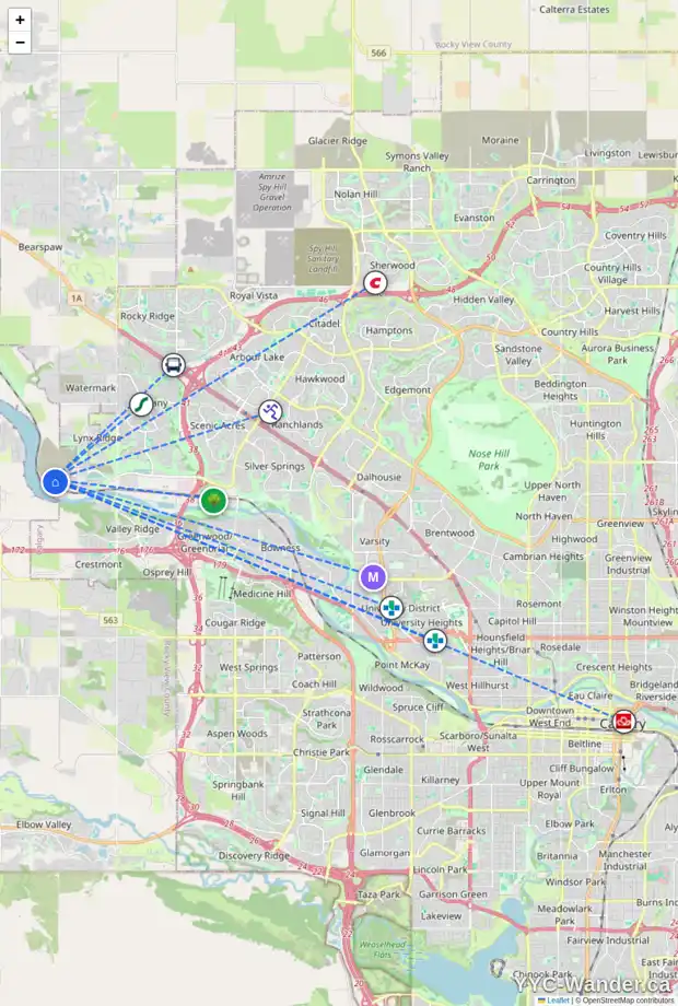 Daily accessibility map for 50 ROWMONT CO NW, Calgary showing nearby schools, grocery stores, parks, LRT stations and nearby amenities