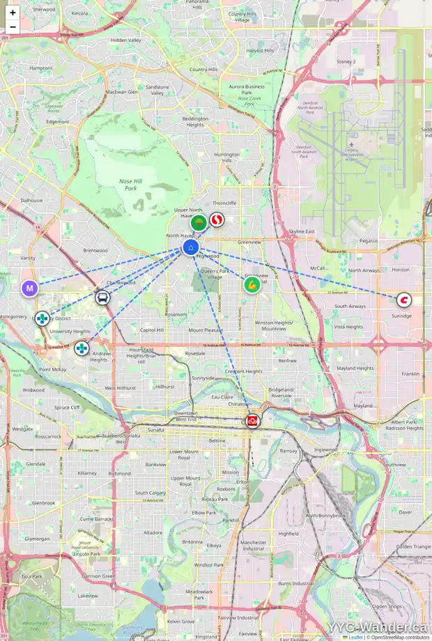 Daily accessibility map for 55 HOLLAND ST NW, Calgary showing nearby schools, grocery stores, parks, LRT stations and nearby amenities