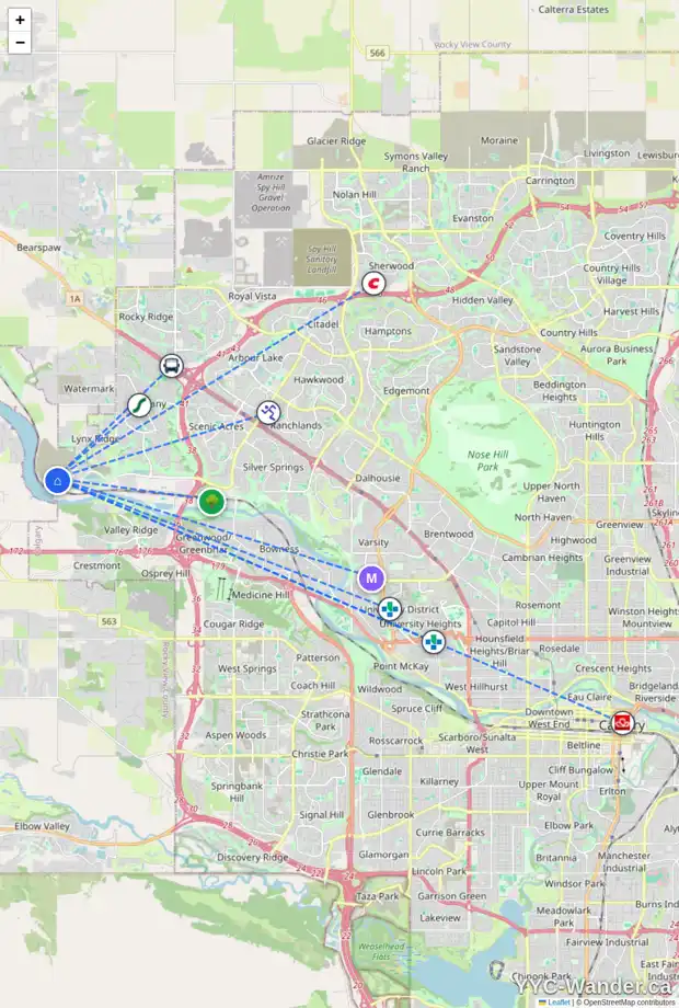 Daily accessibility map for 43 ROWMONT VW NW, Calgary showing nearby schools, grocery stores, parks, LRT stations and nearby amenities