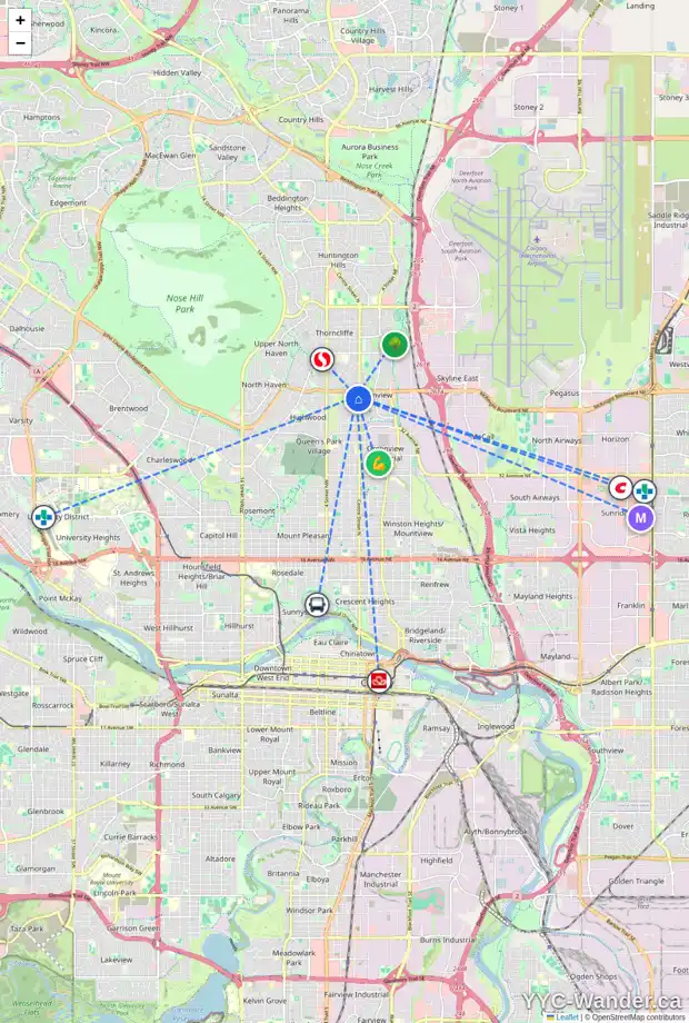Daily accessibility map for 4804 1 ST NW, Calgary showing nearby schools, grocery stores, parks, LRT stations and nearby amenities
