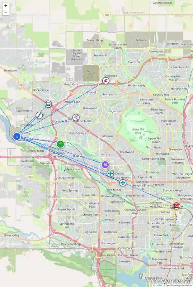 Daily accessibility map for 551 ROWMONT BV NW, Calgary showing nearby schools, grocery stores, parks, LRT stations and nearby amenities