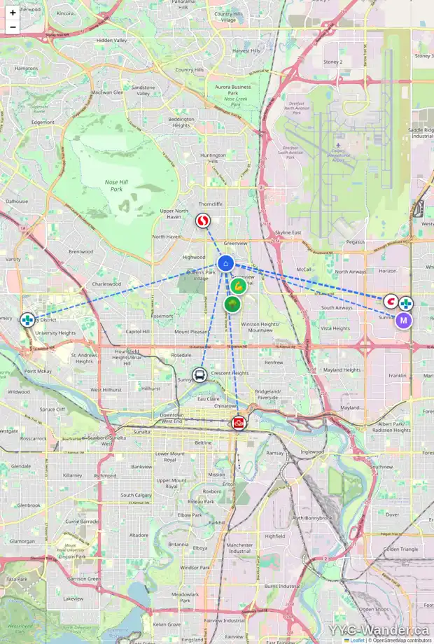 Daily accessibility map for 115 42 AV NW, Calgary showing nearby schools, grocery stores, parks, LRT stations and nearby amenities