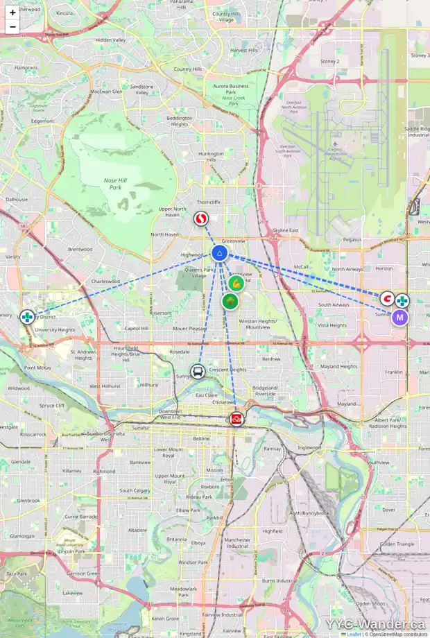 Daily accessibility map for 204 43 AV NW, Calgary showing nearby schools, grocery stores, parks, LRT stations and nearby amenities