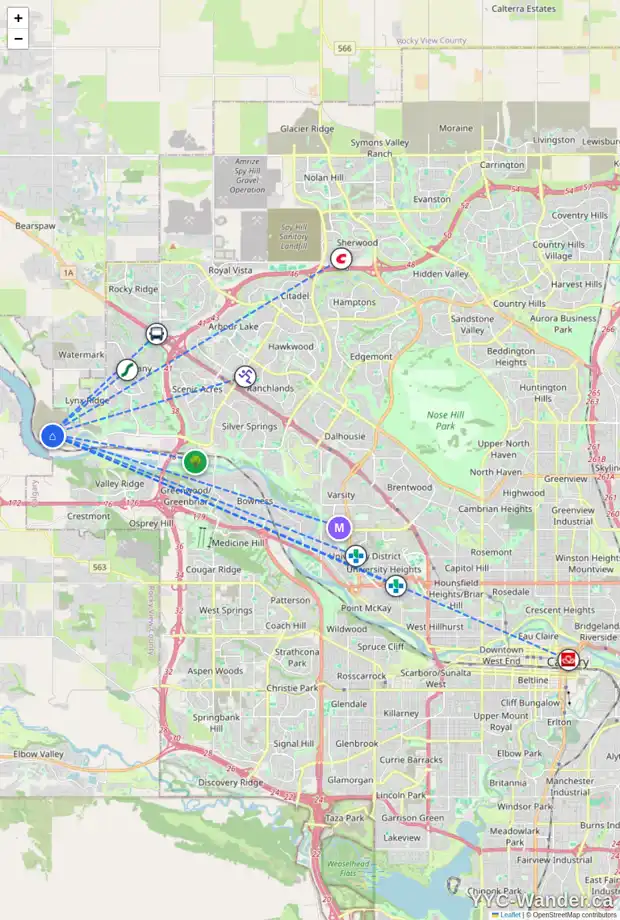 Daily accessibility map for 611 ROWMONT BV NW, Calgary showing nearby schools, grocery stores, parks, LRT stations and nearby amenities