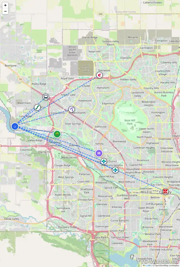 Daily accessibility map for 23 ROWMONT GD NW, Calgary showing nearby schools, grocery stores, parks, LRT stations and nearby amenities
