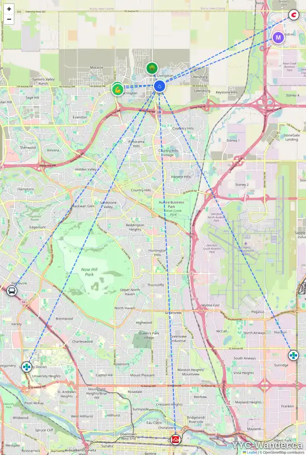 Daily accessibility map for 233 LIVINGSTON CM NE, Calgary showing nearby schools, grocery stores, parks, LRT stations and nearby amenities