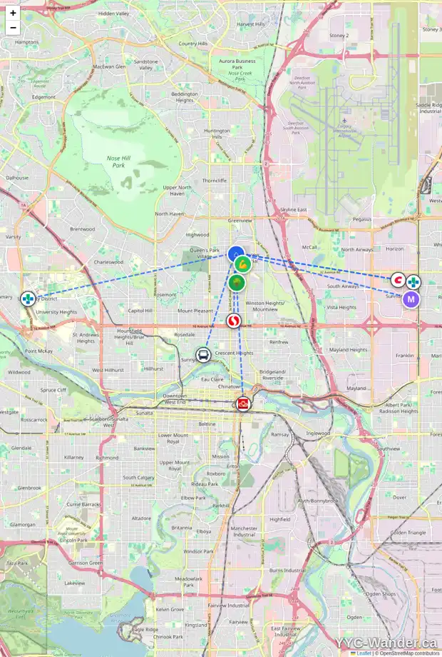 Daily accessibility map for 3820 CENTRE A ST NE, Calgary showing nearby schools, grocery stores, parks, LRT stations and nearby amenities