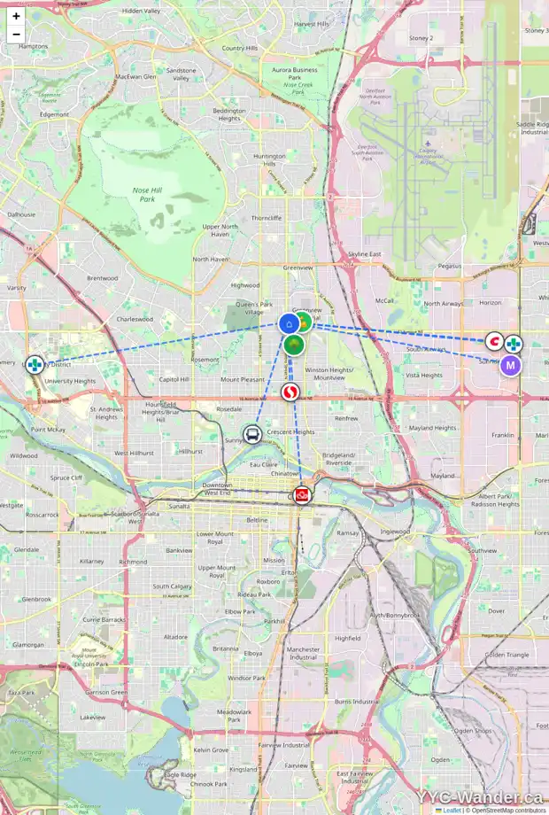 Daily accessibility map for 3508 CENTRE ST NE, Calgary showing nearby schools, grocery stores, parks, LRT stations and nearby amenities