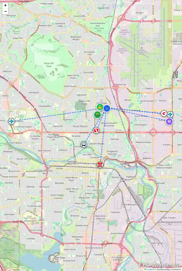 Daily accessibility map for 601 34 AV NE, Calgary showing nearby schools, grocery stores, parks, LRT stations and nearby amenities