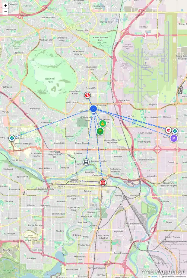 Daily accessibility map for 313 44 AV NW, Calgary showing nearby schools, grocery stores, parks, LRT stations and nearby amenities