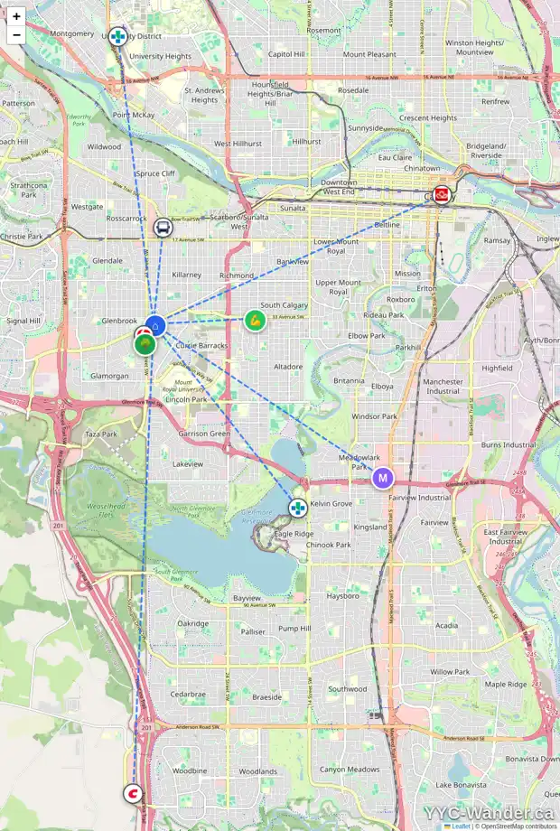 Daily accessibility map for 3723 RICHMOND RD SW, Calgary showing nearby schools, grocery stores, parks, LRT stations and nearby amenities