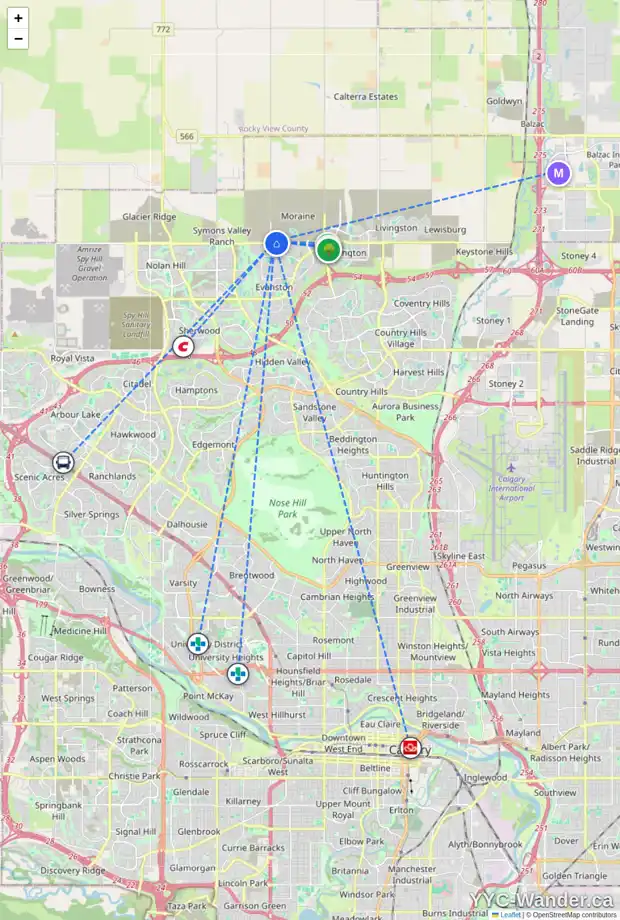 Daily accessibility map for 166 AMBLEHURST WY NW, Calgary showing nearby schools, grocery stores, parks, LRT stations and nearby amenities