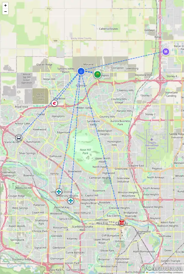 Daily accessibility map for 14588 24 ST NW, Calgary showing nearby schools, grocery stores, parks, LRT stations and nearby amenities