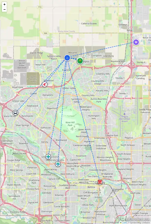 Daily accessibility map for 279 AMBLEHURST WY NW, Calgary showing nearby schools, grocery stores, parks, LRT stations and nearby amenities