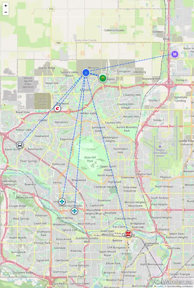 Daily accessibility map for 33 AMBLEFIELD HT NW, Calgary showing nearby schools, grocery stores, parks, LRT stations and nearby amenities