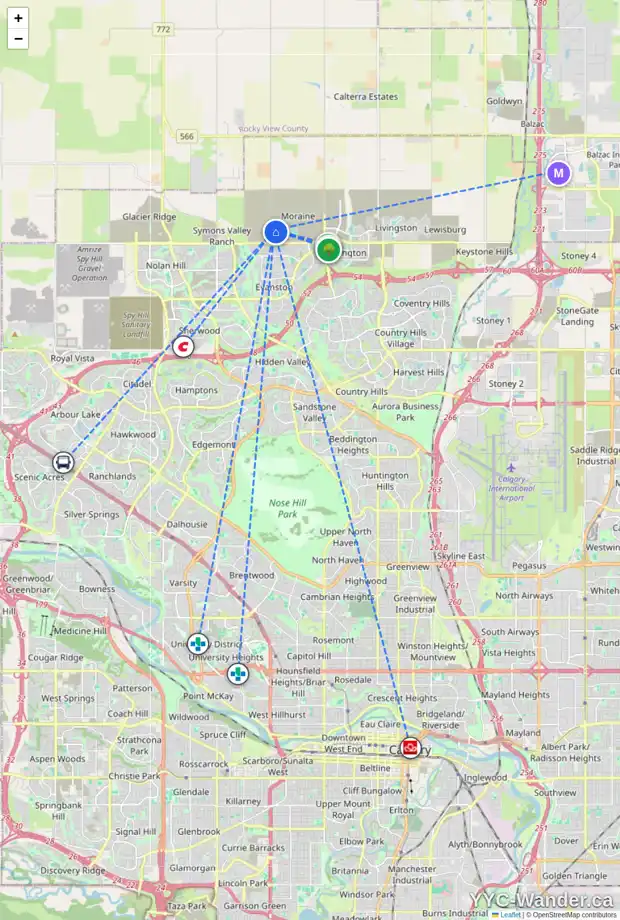 Daily accessibility map for 34 AMBLEFIELD HT NW, Calgary showing nearby schools, grocery stores, parks, LRT stations and nearby amenities