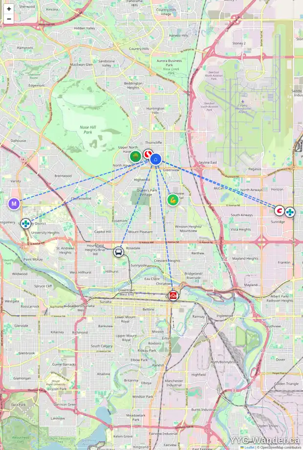Daily accessibility map for 5403 THORNTON RD NW, Calgary showing nearby schools, grocery stores, parks, LRT stations and nearby amenities