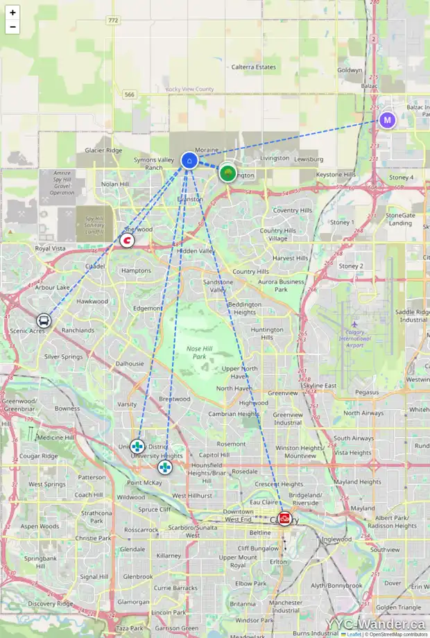 Daily accessibility map for 14870 24 ST NW, Calgary showing nearby schools, grocery stores, parks, LRT stations and nearby amenities