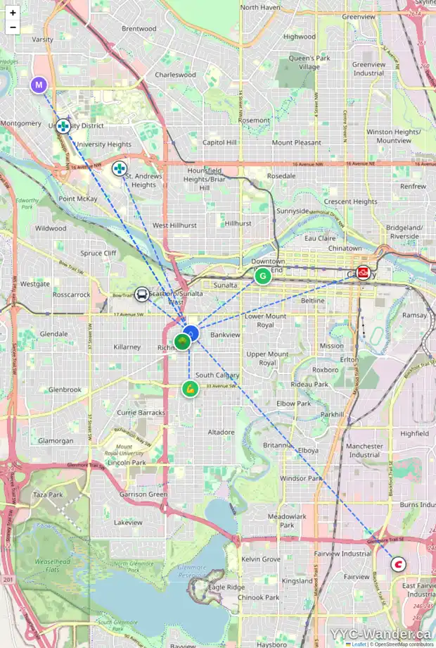 Daily accessibility map for 2129 21 AV SW, Calgary showing nearby schools, grocery stores, parks, LRT stations and nearby amenities