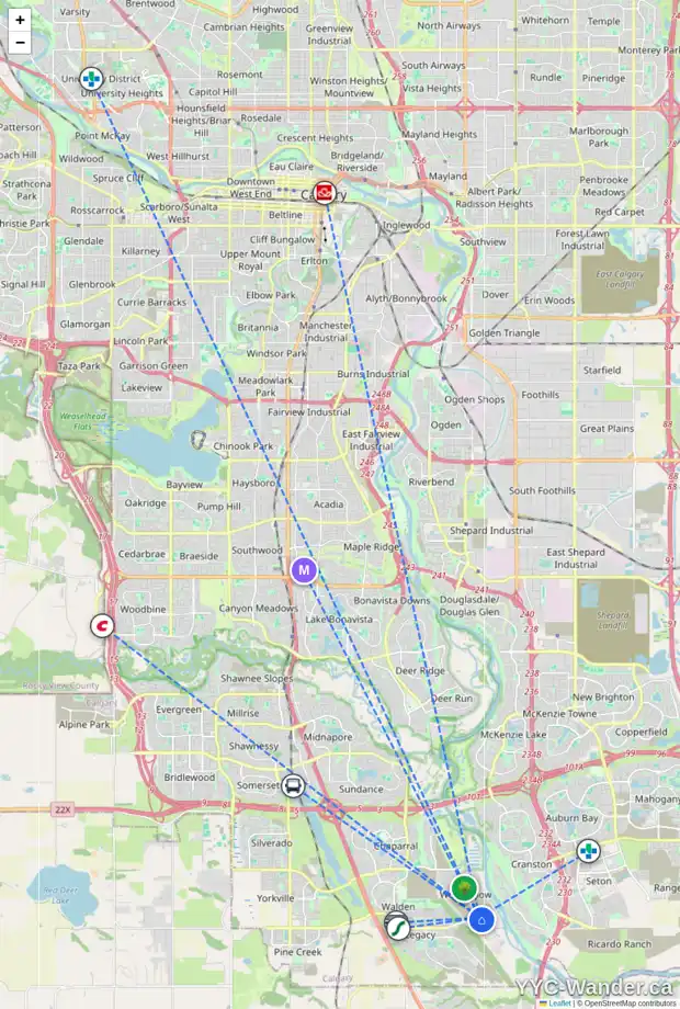 Daily accessibility map for 926 WOLF WILLOW BV SE, Calgary showing nearby schools, grocery stores, parks, LRT stations and nearby amenities