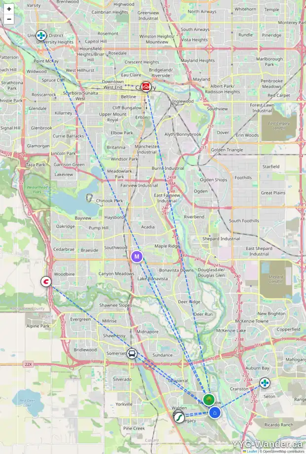 Daily accessibility map for 843 WOLF WILLOW BV SE, Calgary showing nearby schools, grocery stores, parks, LRT stations and nearby amenities