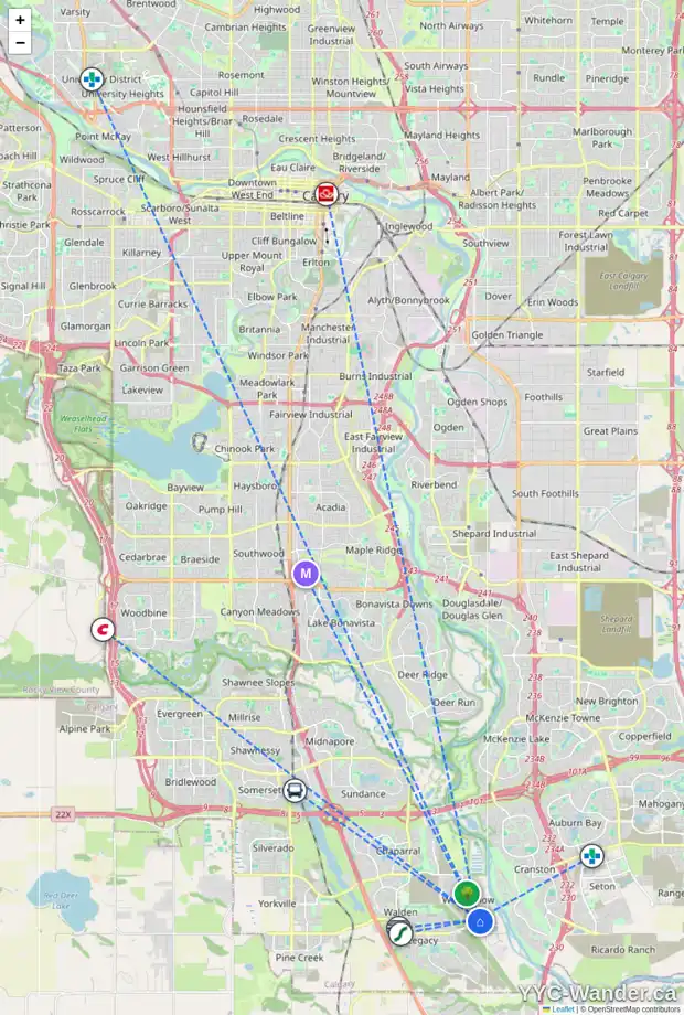 Daily accessibility map for 839 WOLF WILLOW BV SE, Calgary showing nearby schools, grocery stores, parks, LRT stations and nearby amenities