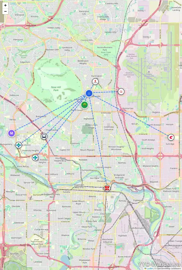 Daily accessibility map for 55 THORNABY CR NW, Calgary showing nearby schools, grocery stores, parks, LRT stations and nearby amenities