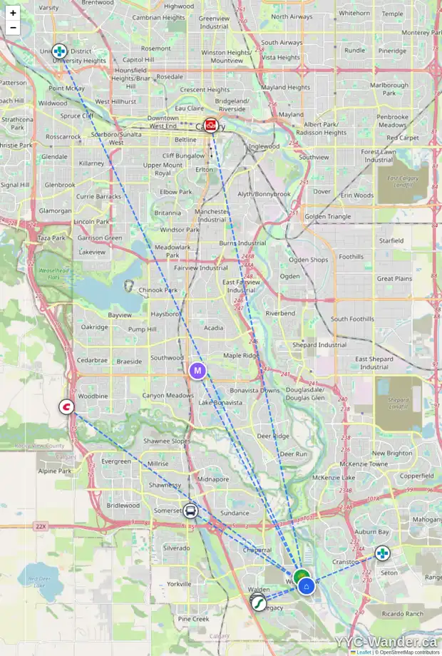 Daily accessibility map for 598 WOLF WILLOW BV SE, Calgary showing nearby schools, grocery stores, parks, LRT stations and nearby amenities