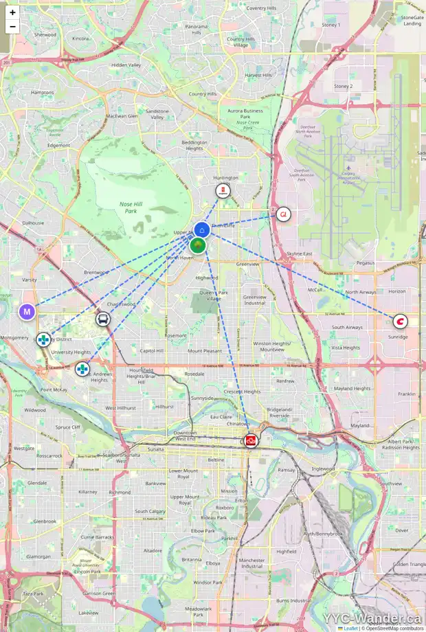 Daily accessibility map for 152 THAMES CL NW, Calgary showing nearby schools, grocery stores, parks, LRT stations and nearby amenities