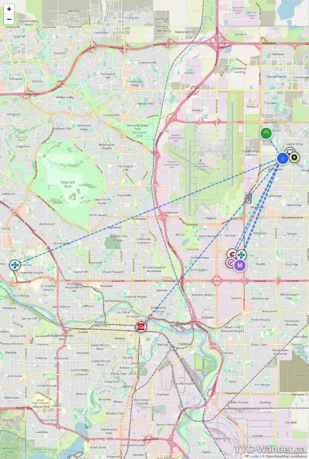Daily accessibility map for 26 MARTINVALLEY CO NE, Calgary showing nearby schools, grocery stores, parks, LRT stations and nearby amenities