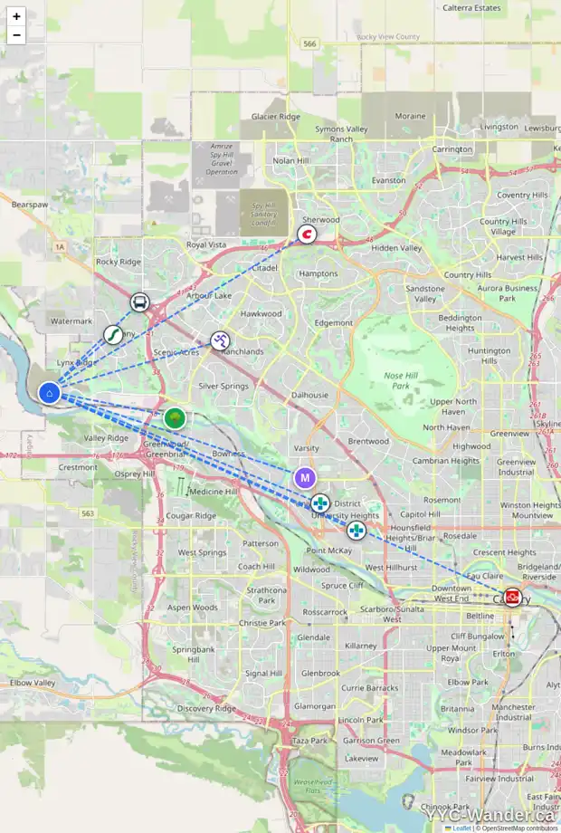 Daily accessibility map for 25 ROYSTON GV NW, Calgary showing nearby schools, grocery stores, parks, LRT stations and nearby amenities