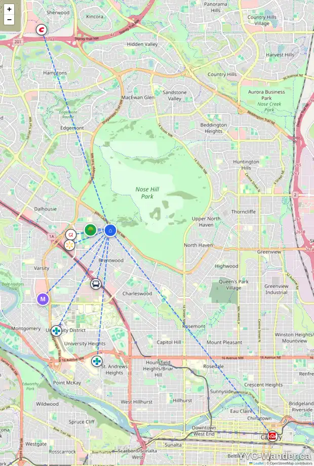 Daily accessibility map for 3220 CONRAD DR NW, Calgary showing nearby schools, grocery stores, parks, LRT stations and nearby amenities