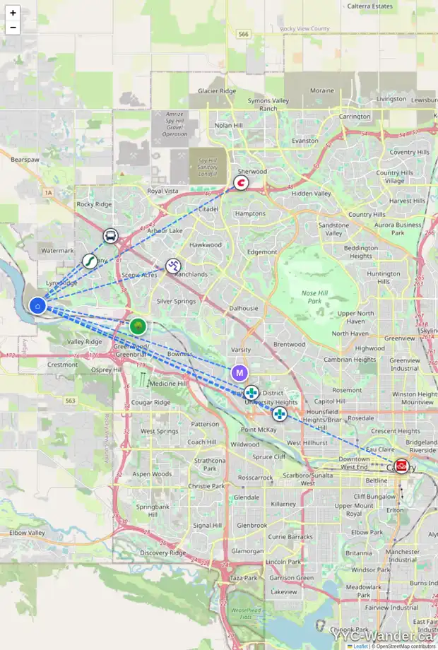 Daily accessibility map for 23 ROYSTON PA NW, Calgary showing nearby schools, grocery stores, parks, LRT stations and nearby amenities