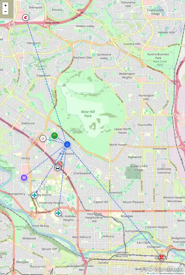 Daily accessibility map for 5012 BRISEBOIS DR NW, Calgary showing nearby schools, grocery stores, parks, LRT stations and nearby amenities