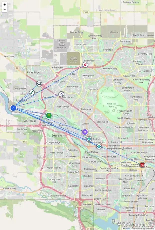 Daily accessibility map for 19 ROYSTON PA NW, Calgary showing nearby schools, grocery stores, parks, LRT stations and nearby amenities