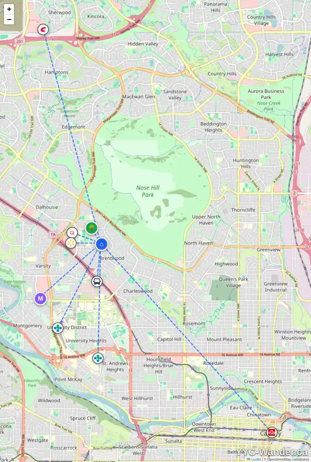 Daily accessibility map for 3216 BREEN CR NW, Calgary showing nearby schools, grocery stores, parks, LRT stations and nearby amenities