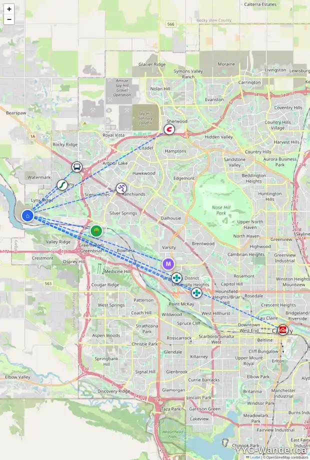 Daily accessibility map for 95 ROYSTON PA NW, Calgary showing nearby schools, grocery stores, parks, LRT stations and nearby amenities