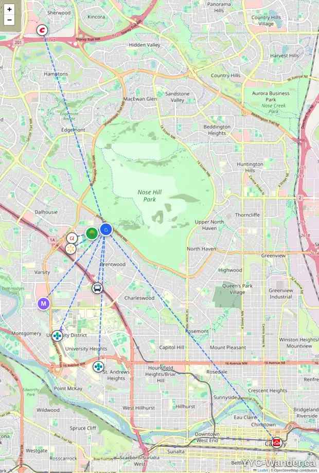 Daily accessibility map for 5324 BANNERMAN DR NW, Calgary showing nearby schools, grocery stores, parks, LRT stations and nearby amenities