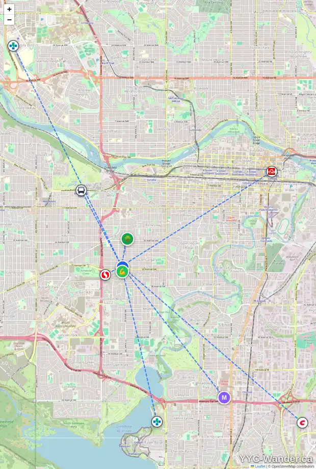 Daily accessibility map for 2119 32 AV SW, Calgary showing nearby schools, grocery stores, parks, LRT stations and nearby amenities