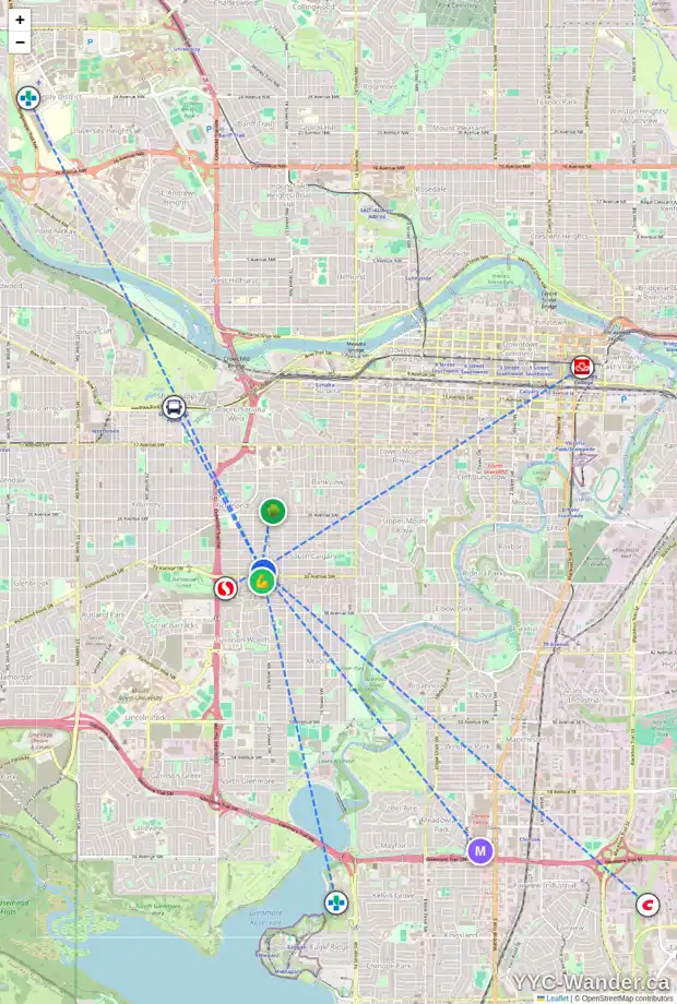 Daily accessibility map for 2117 32 AV SW, Calgary showing nearby schools, grocery stores, parks, LRT stations and nearby amenities