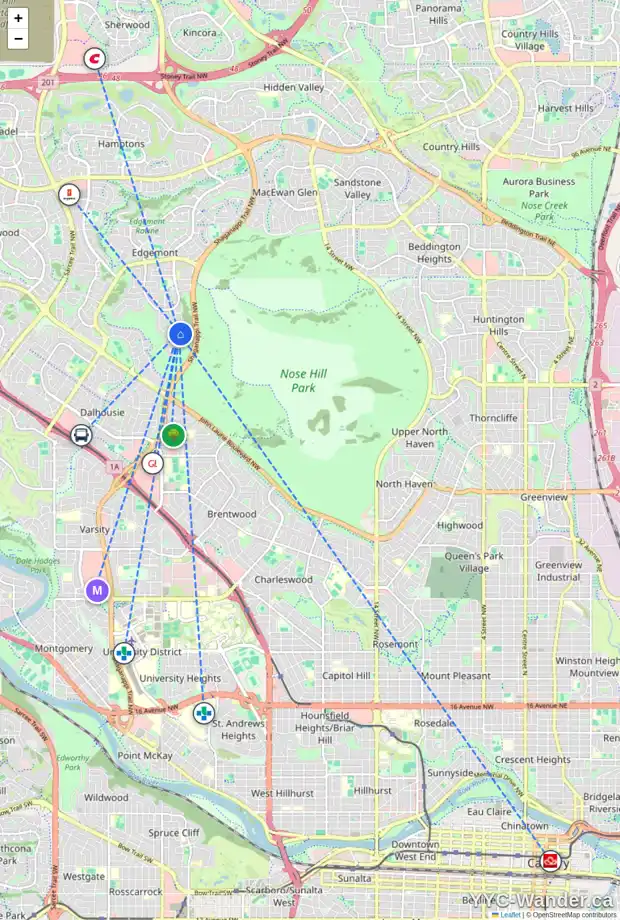 Daily accessibility map for 80 EDELWEISS DR NW, Calgary showing nearby schools, grocery stores, parks, LRT stations and nearby amenities