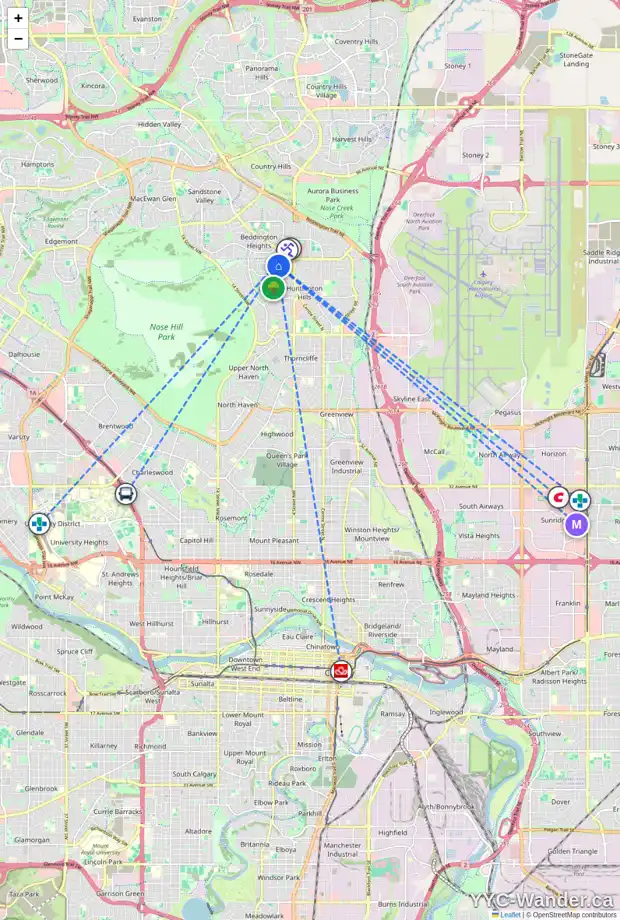 Daily accessibility map for 723 HUNTERSTON CR NW, Calgary showing nearby schools, grocery stores, parks, LRT stations and nearby amenities