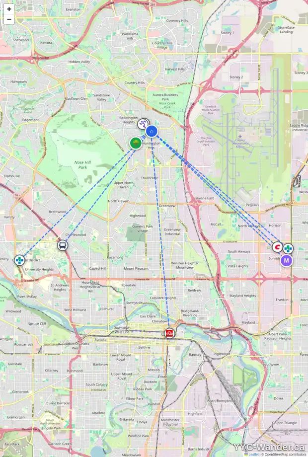 Daily accessibility map for 111 HUNTHAM RD NE, Calgary showing nearby schools, grocery stores, parks, LRT stations and nearby amenities