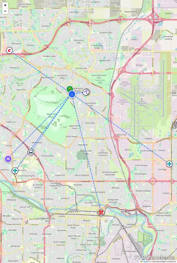 Daily accessibility map for 104 BERMONDSEY RI NW, Calgary showing nearby schools, grocery stores, parks, LRT stations and nearby amenities