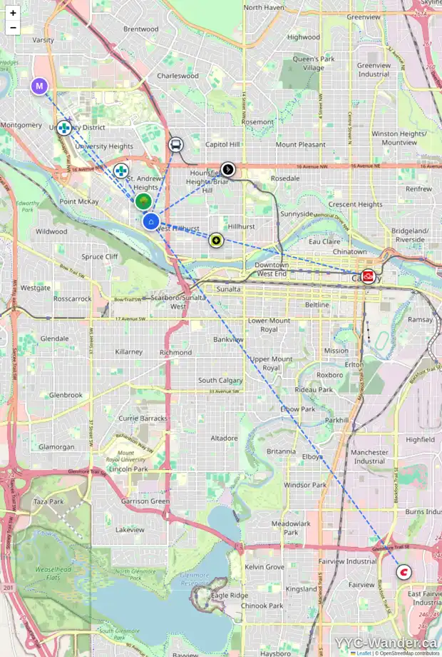 Daily accessibility map for 2705 5 AV NW, Calgary showing nearby schools, grocery stores, parks, LRT stations and nearby amenities