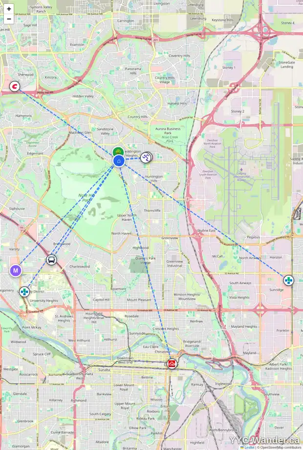 Daily accessibility map for 55 BERMONDSEY PL NW, Calgary showing nearby schools, grocery stores, parks, LRT stations and nearby amenities