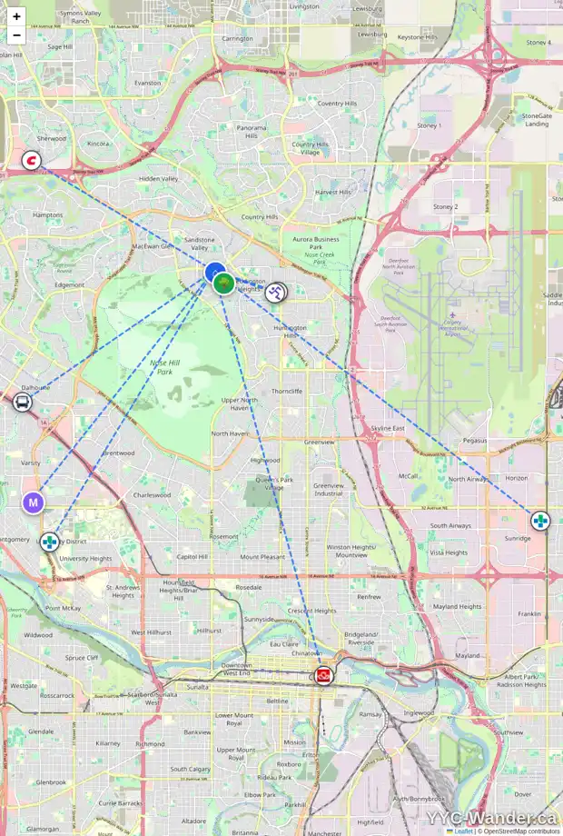 Daily accessibility map for 102 BEARBERRY CR NW, Calgary showing nearby schools, grocery stores, parks, LRT stations and nearby amenities