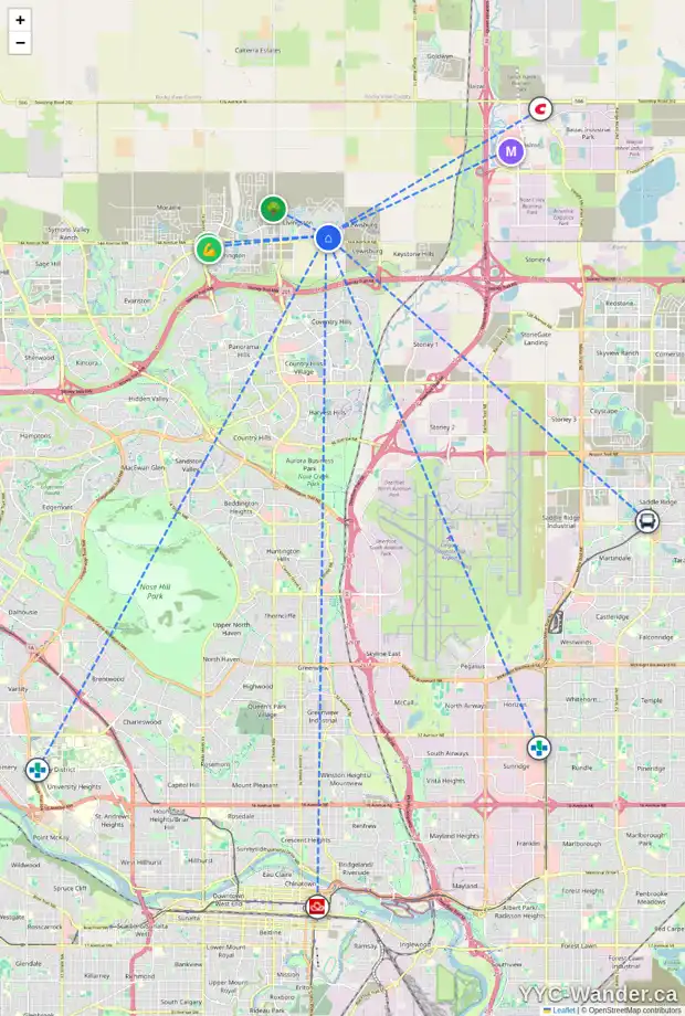 Daily accessibility map for 149D LIVINGSTON HL NE, Calgary showing nearby schools, grocery stores, parks, LRT stations and nearby amenities