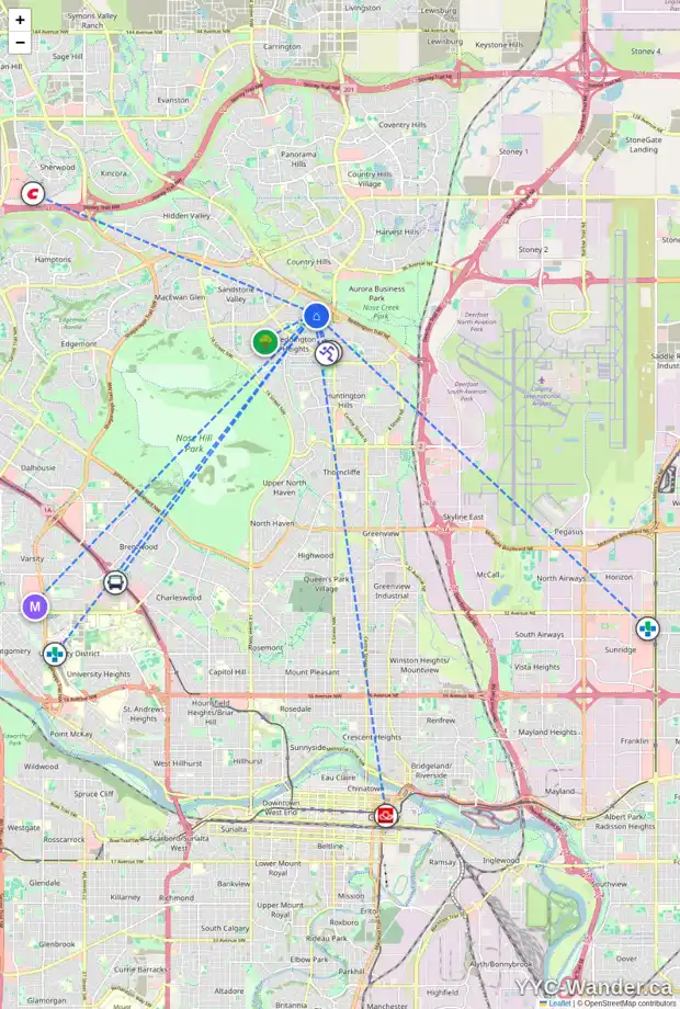 Daily accessibility map for 75 BERNARD PL NW, Calgary showing nearby schools, grocery stores, parks, LRT stations and nearby amenities